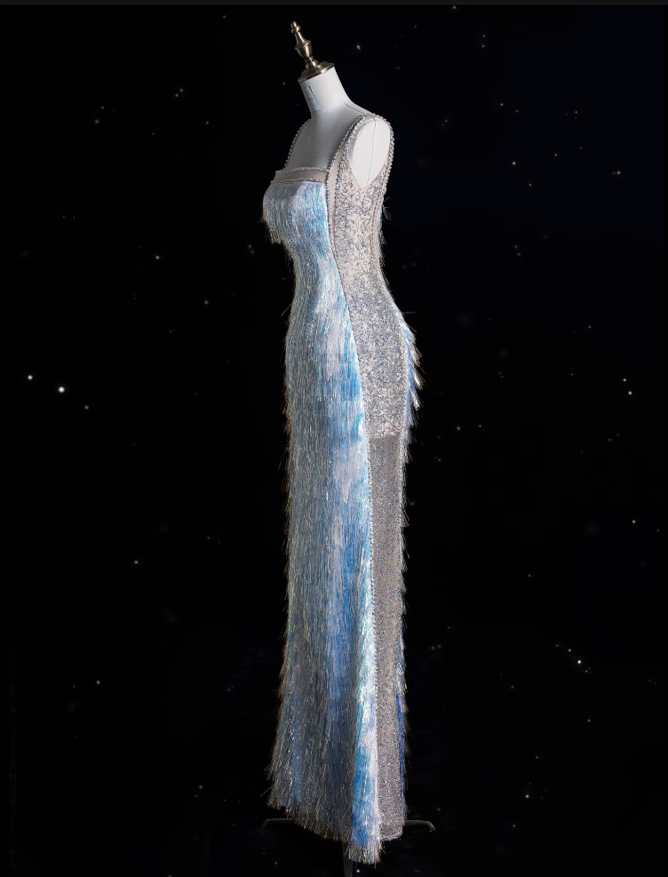 Modest Mermaid Straps Sequin Blue Party Dress Long Prom Dress Evening Dresses With Tassel