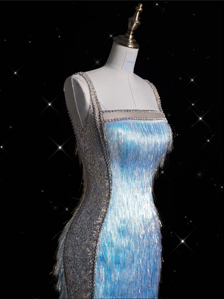 Modest Mermaid Straps Sequin Blue Party Dress Long Prom Dress Evening Dresses With Tassel