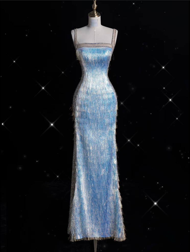 Modest Mermaid Straps Sequin Blue Party Dress Long Prom Dress Evening Dresses With Tassel