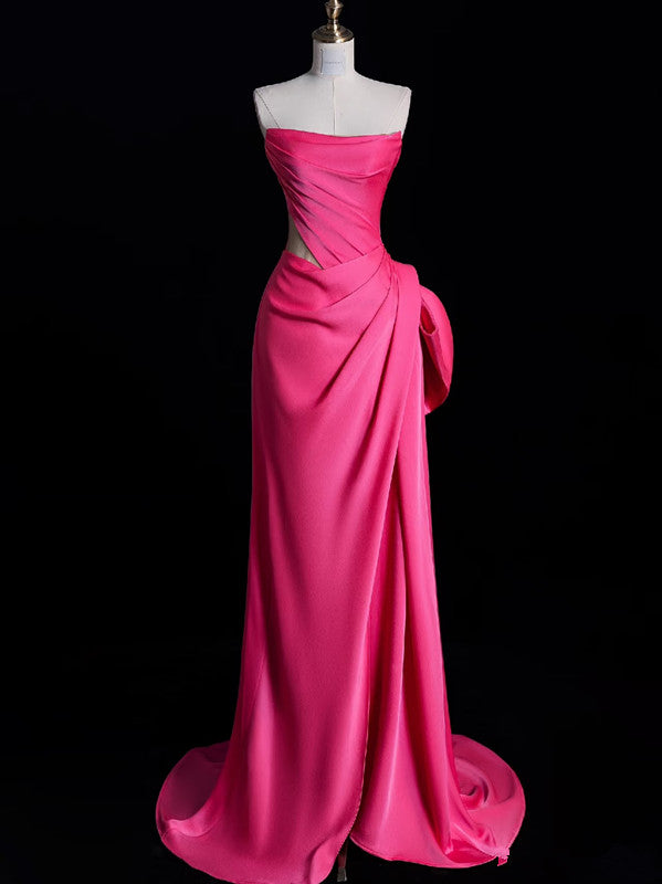 Modest Mermaid Strapless Pink Satin Party Dress Long Prom Dress Evening Dresses