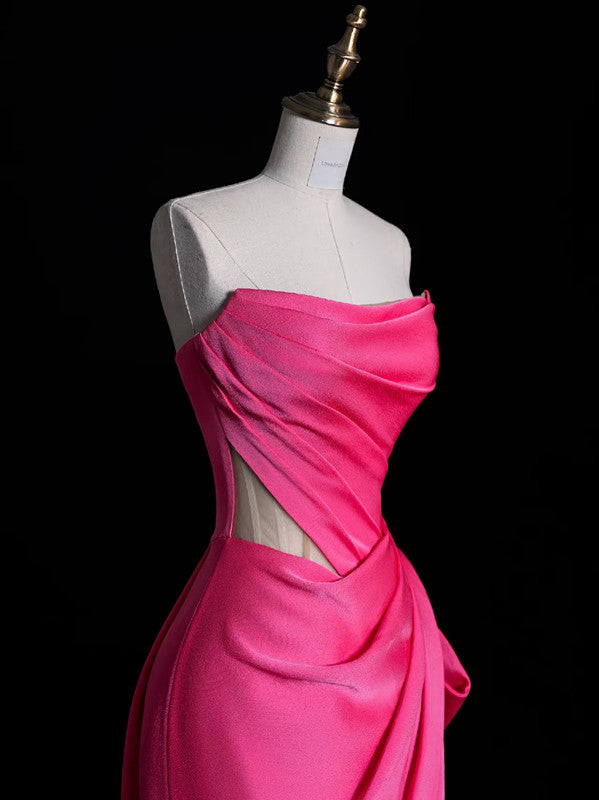 Modest Mermaid Strapless Pink Satin Party Dress Long Prom Dress Evening Dresses