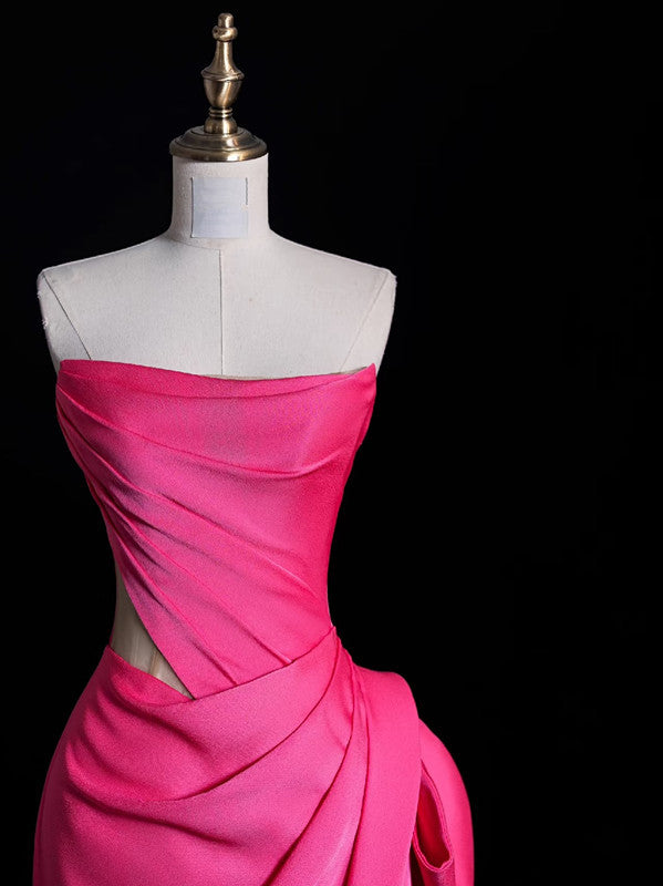 Modest Mermaid Strapless Pink Satin Party Dress Long Prom Dress Evening Dresses