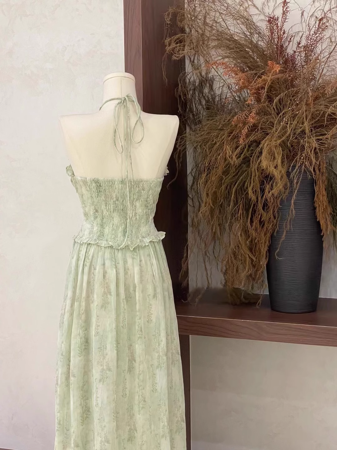 Cute A line Halter Ruffled Sage Green Long Women's Vacation Holiday Dresses