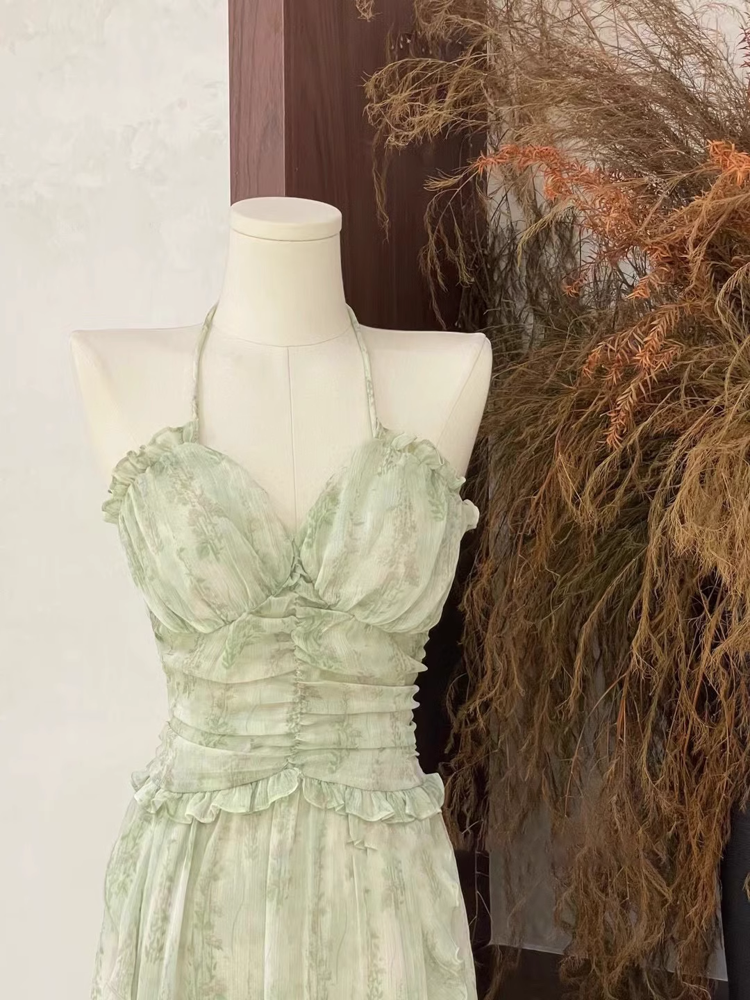 Cute A line Halter Ruffled Sage Green Long Women's Vacation Holiday Dresses