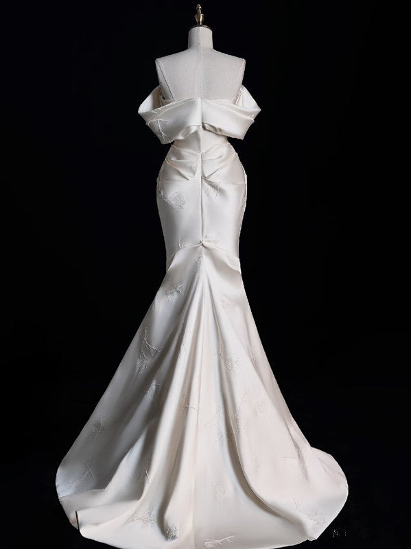 Sexy Mermaid Off The Shoulder Ivory Satin Long Wedding Dresses Brides Dress