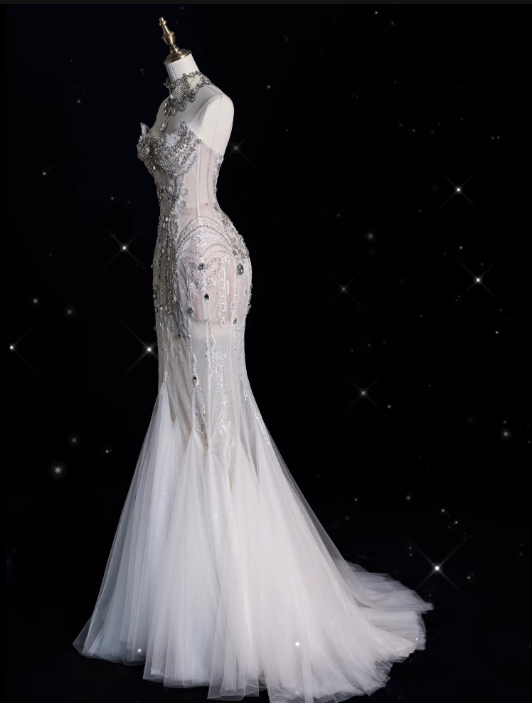 Sexy Mermaid Strapless Tulle With Silver Beads Long Wedding Dresses Brides Dress