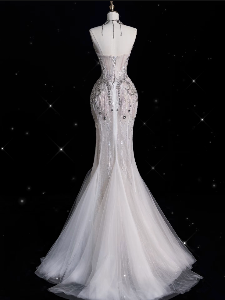 Sexy Mermaid Strapless Tulle With Silver Beads Long Wedding Dresses Brides Dress