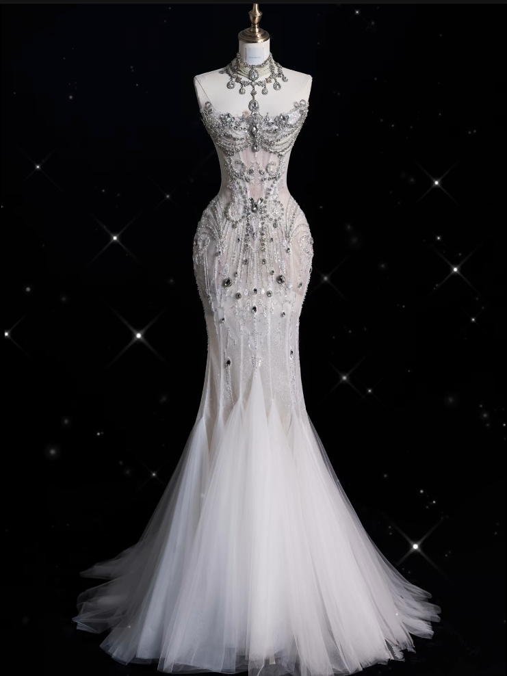 Sexy Mermaid Strapless Tulle With Silver Beads Long Wedding Dresses Brides Dress