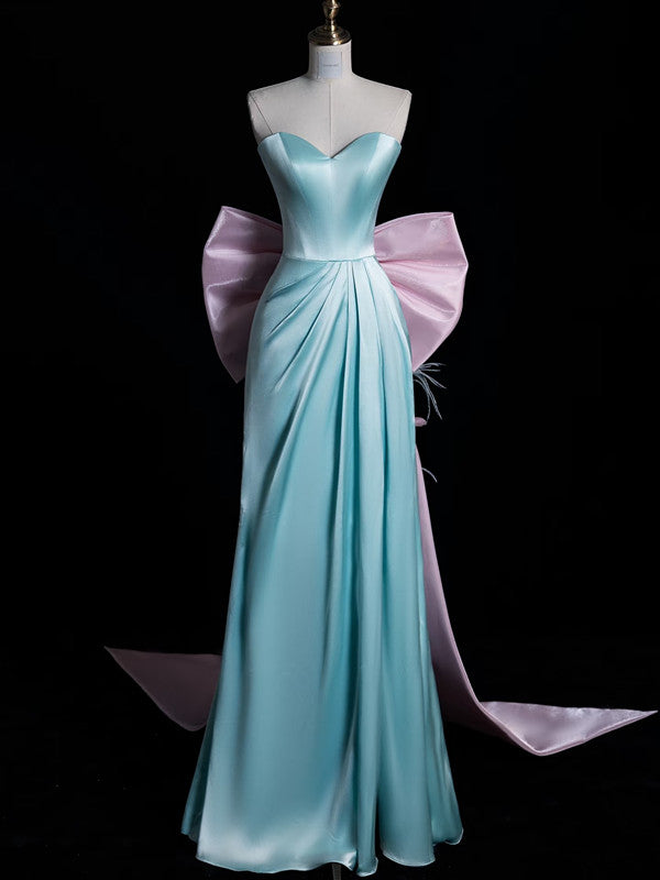 Modest A Line Sweetheart Blue Satin Party Dress Long Prom Dress Evening Dresses