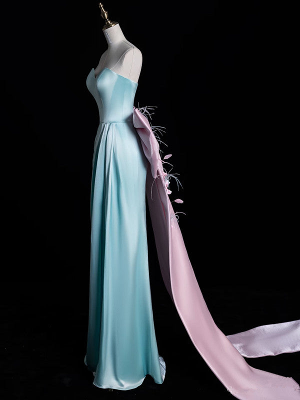 Modest A Line Sweetheart Blue Satin Party Dress Long Prom Dress Evening Dresses