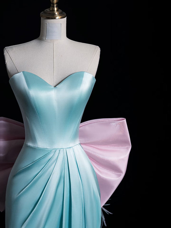Modest A Line Sweetheart Blue Satin Party Dress Long Prom Dress Evening Dresses