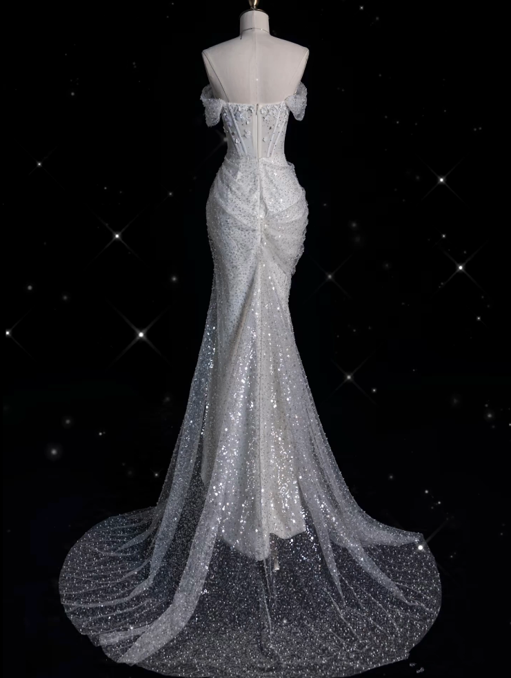 Sexy Mermaid Off The Shoulder White Lace Sequin Long Wedding Dresses Brides Dress