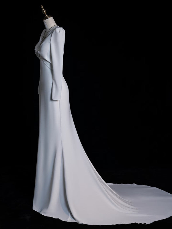 Sexy Mermaid V Neckline Long Sleeves White Satin Wedding Dresses Brides Dress