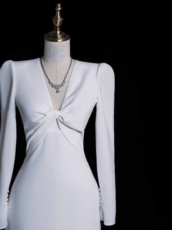 Sexy Mermaid V Neckline Long Sleeves White Satin Wedding Dresses Brides Dress