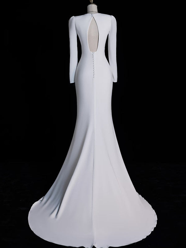 Sexy Mermaid V Neckline Long Sleeves White Satin Wedding Dresses Brides Dress