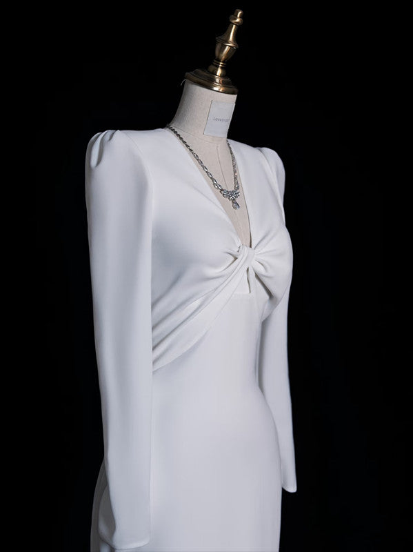 Sexy Mermaid V Neckline Long Sleeves White Satin Wedding Dresses Brides Dress