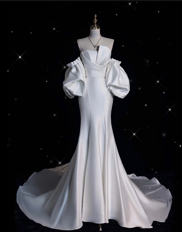 Sexy Mermaid Strapless Short Sleeves White Satin Wedding Dresses Brides Dress