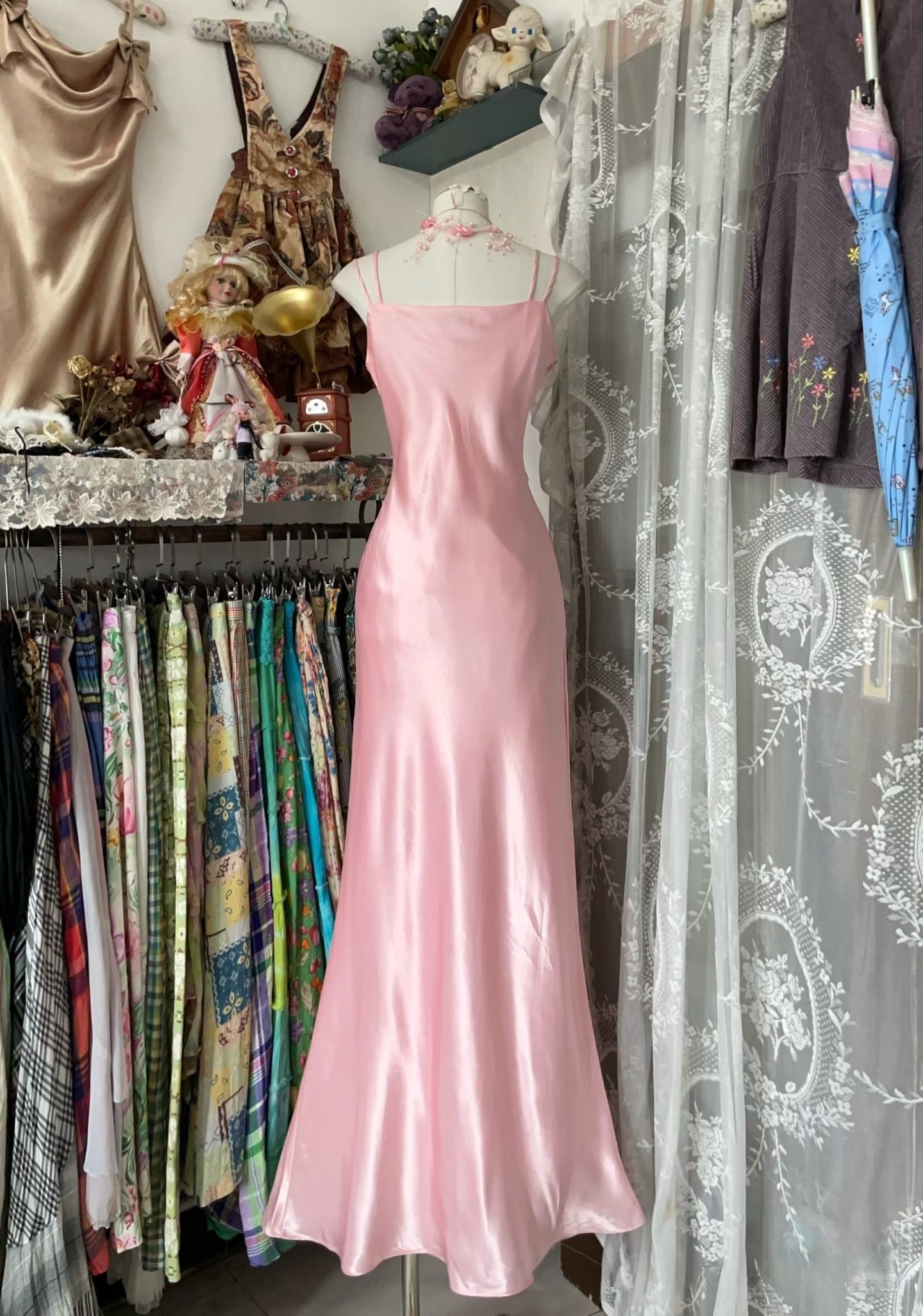 Vintage Fashion Mermaid Straps Floor Length Pink Lace Evening Dress Prom Dresses