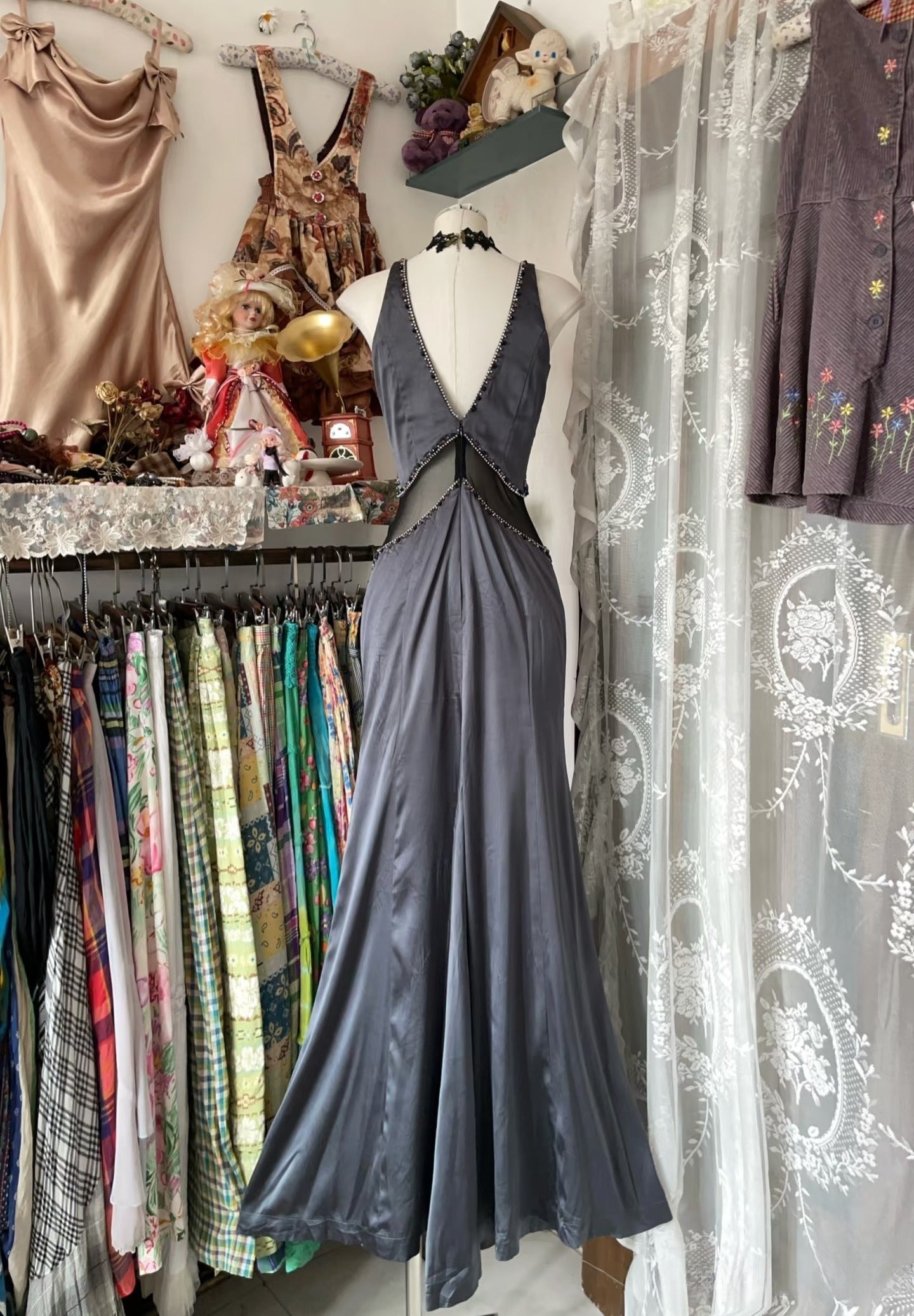 Vintage Fashion Mermaid Straps Floor Length Gray Satin Evening Dress Prom Dresses