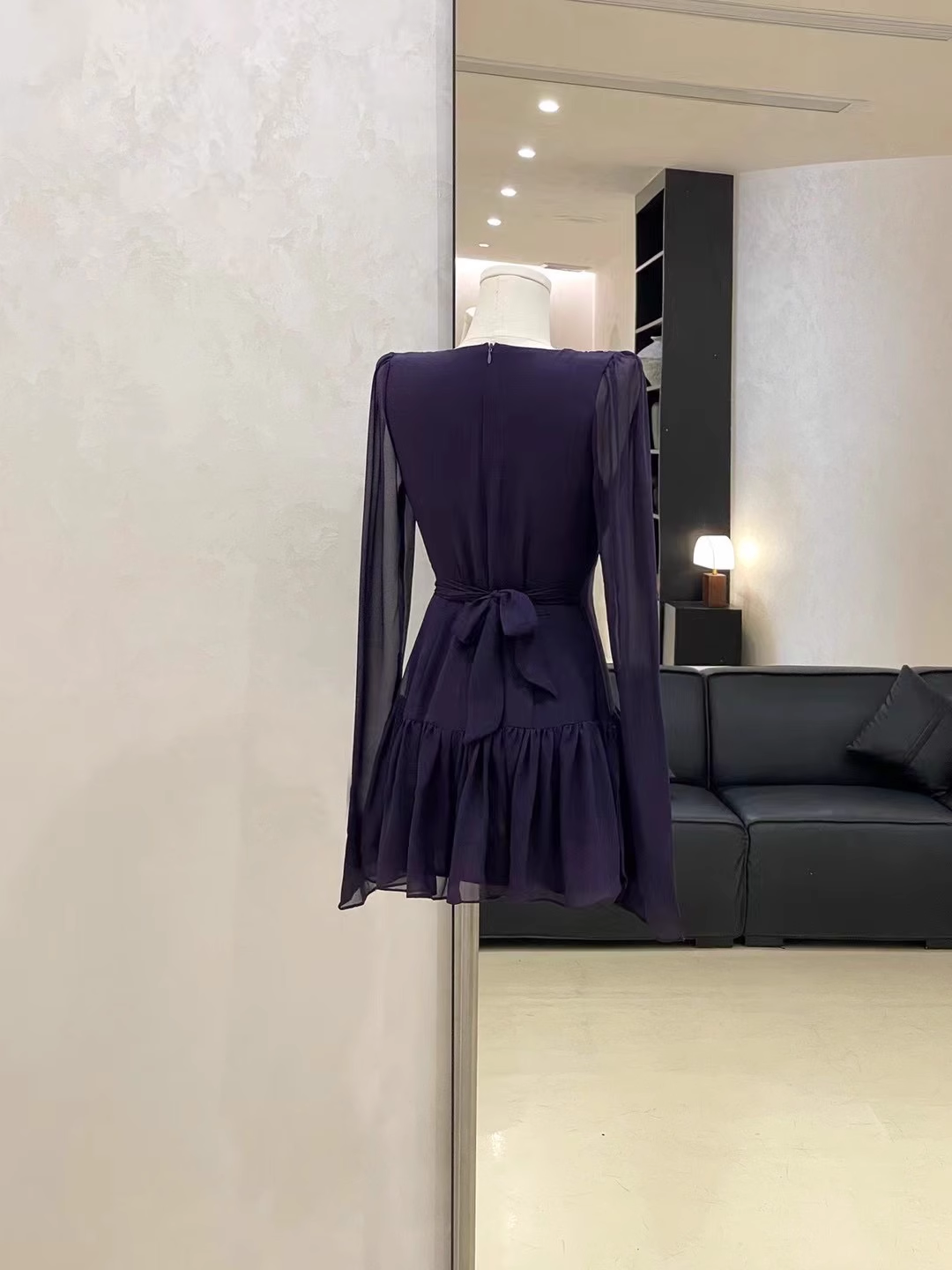 Cute A line V Neckline Ruffled Grape Short Long Sleeve Women Dresses
