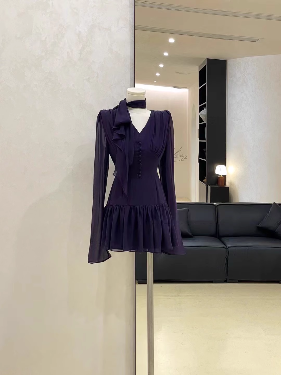 Cute A line V Neckline Ruffled Grape Short Long Sleeve Women Dresses