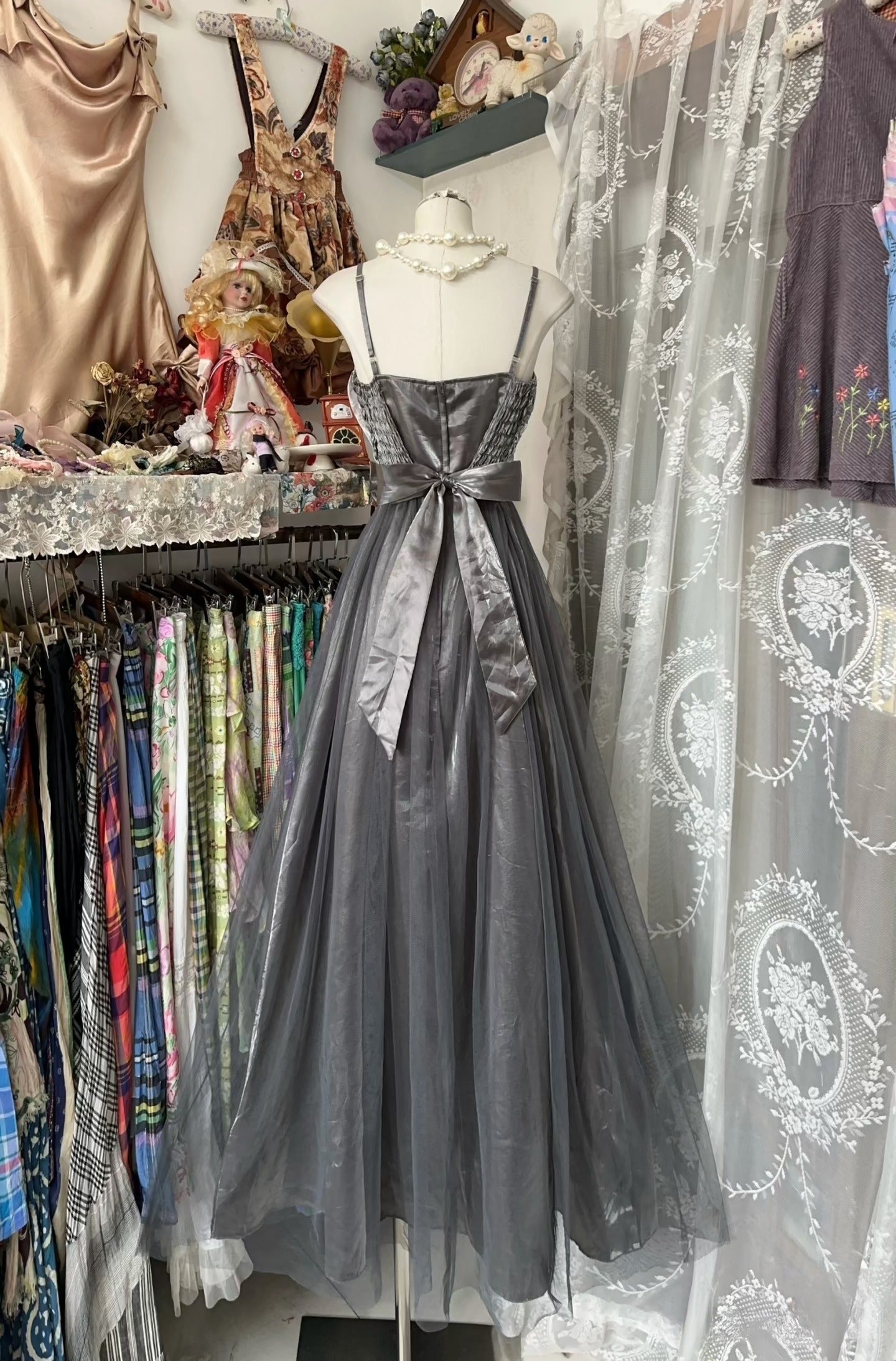 Vintage Fashion A line Straps Gray Tulle Floor Length Evening Dress Prom Dresses