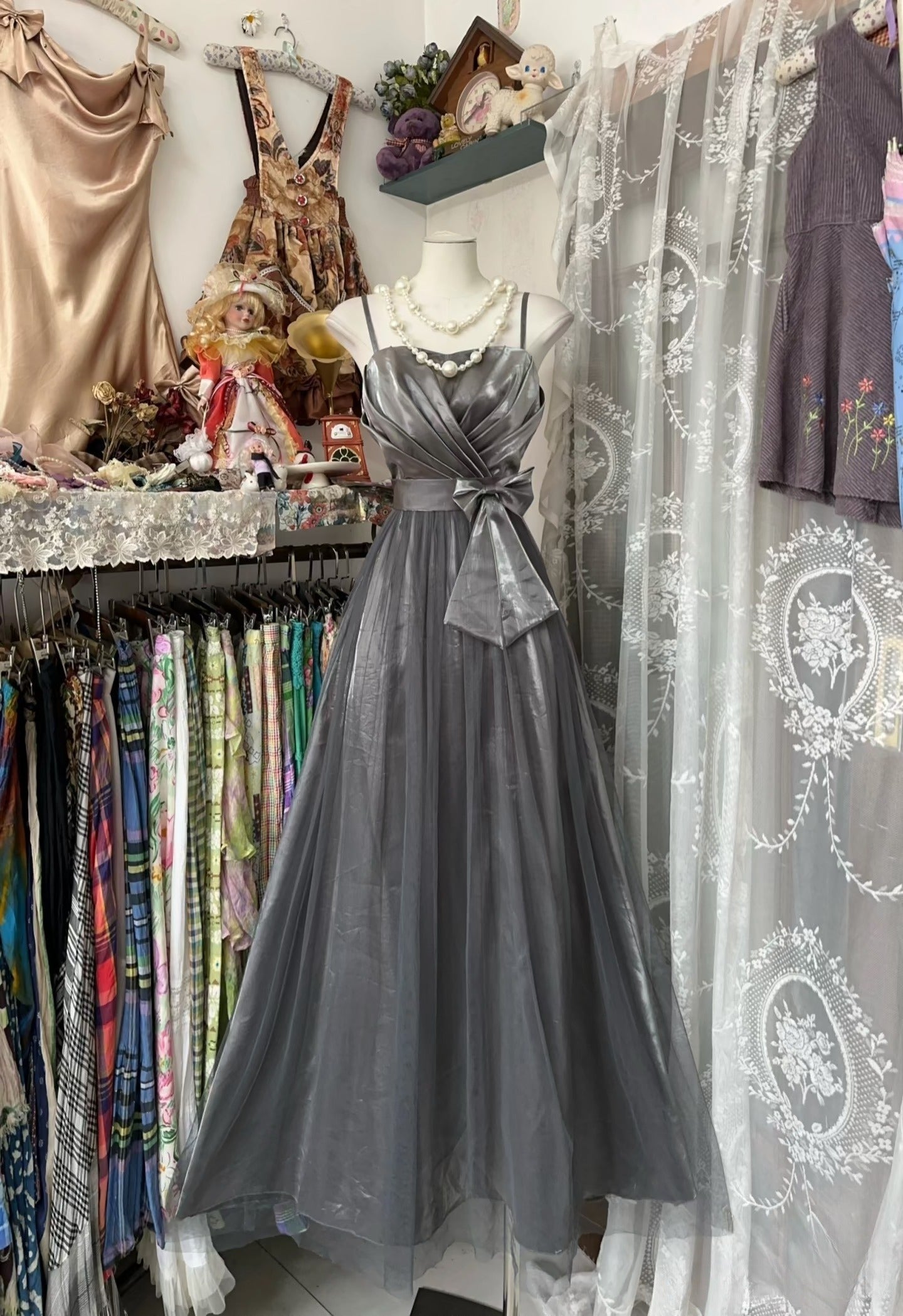 Vintage Fashion A line Straps Gray Tulle Floor Length Evening Dress Prom Dresses