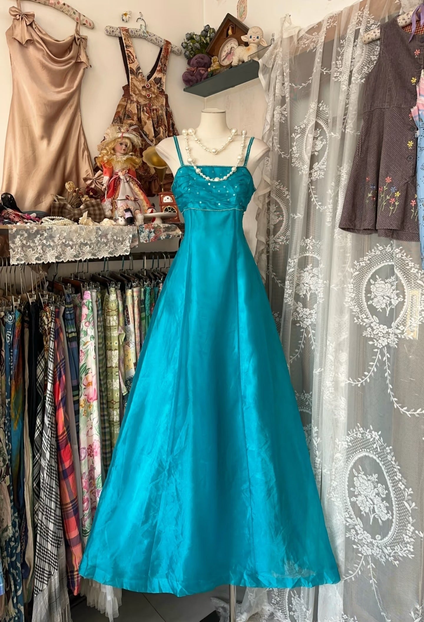 Vintage Fashion A line Spaghetti Straps Blue Floor Length Evening Dress Prom Dresses