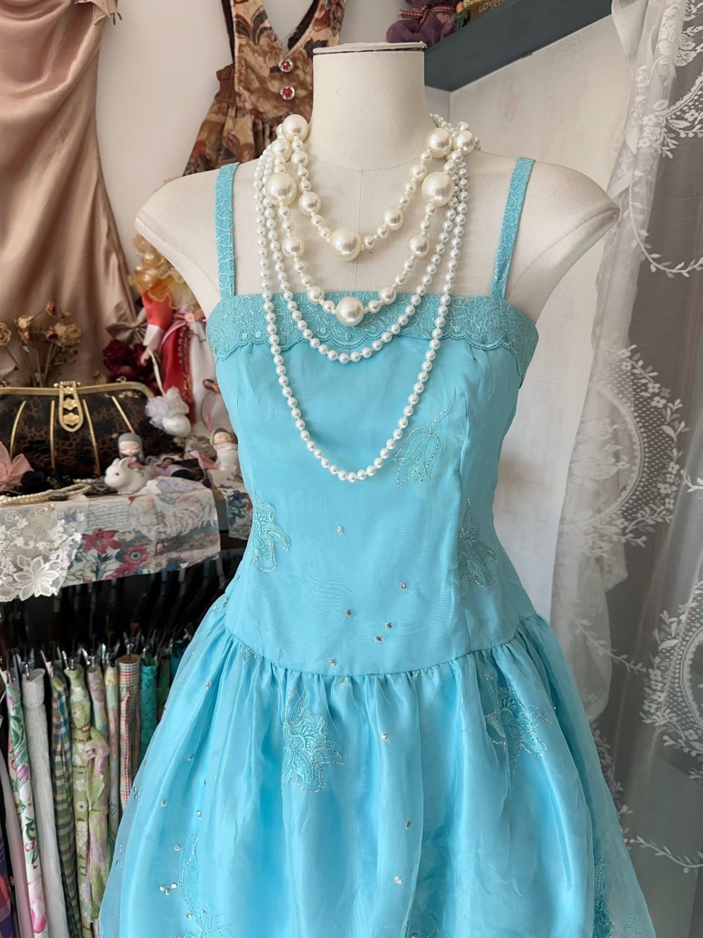 Vintage Fashion A line Spaghetti Straps Light Blue Floor Length Evening Dress Prom Dresses