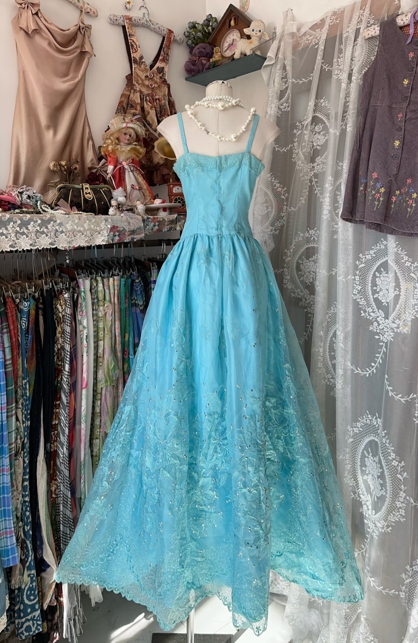 Vintage Fashion A line Spaghetti Straps Light Blue Floor Length Evening Dress Prom Dresses