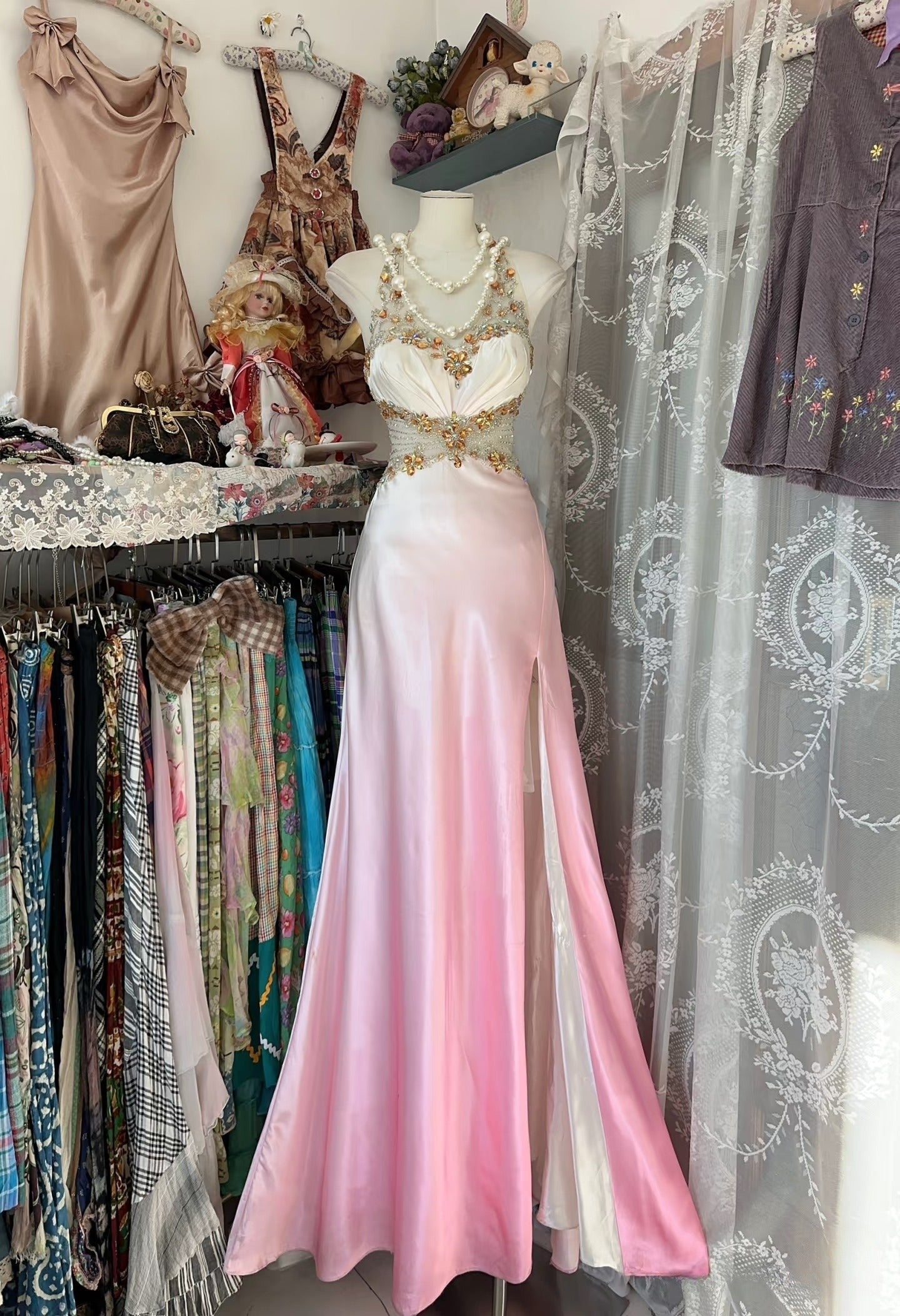 Vintage Mermaid Halter Sleeveless Long Ombre Pink Evening Dress Prom Dresses