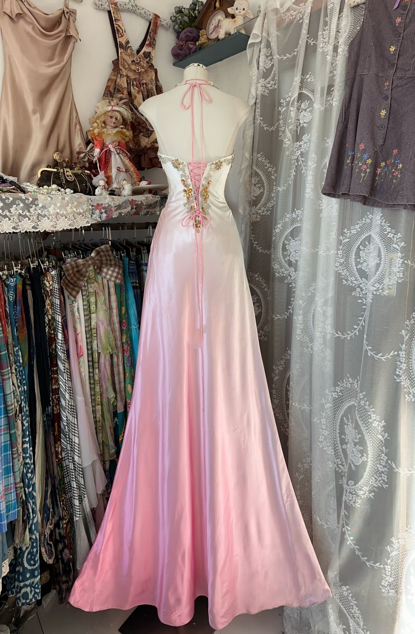 Vintage Mermaid Halter Sleeveless Long Ombre Pink Evening Dress Prom Dresses