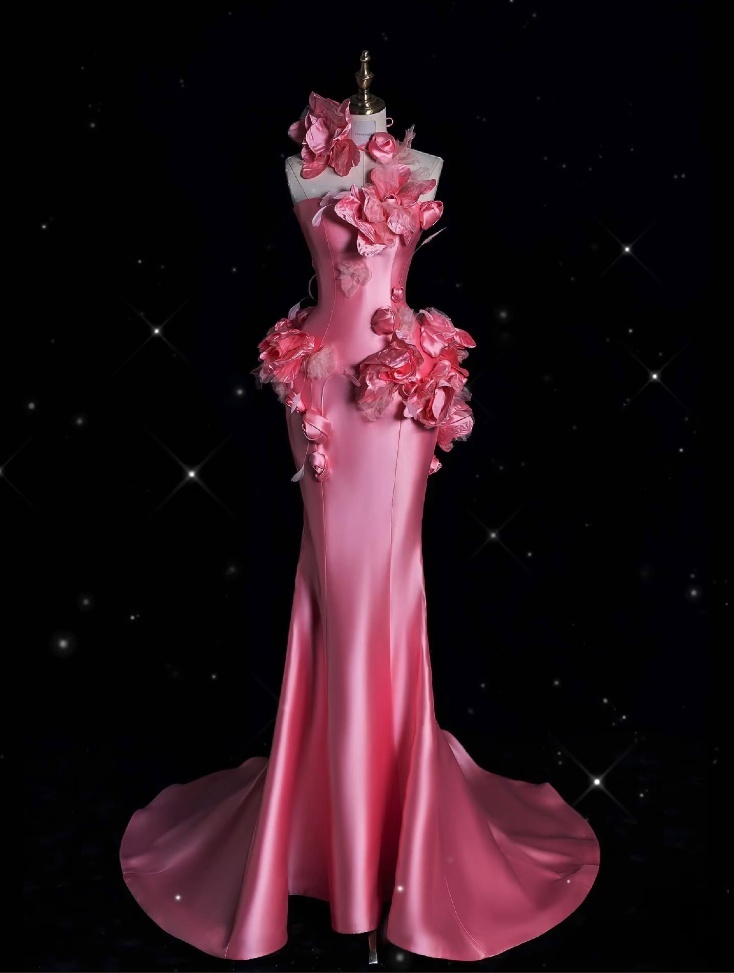 Vintage Fashion Mermaid Strapless Pink Satin Floor Length Evening Dress Prom Dresses