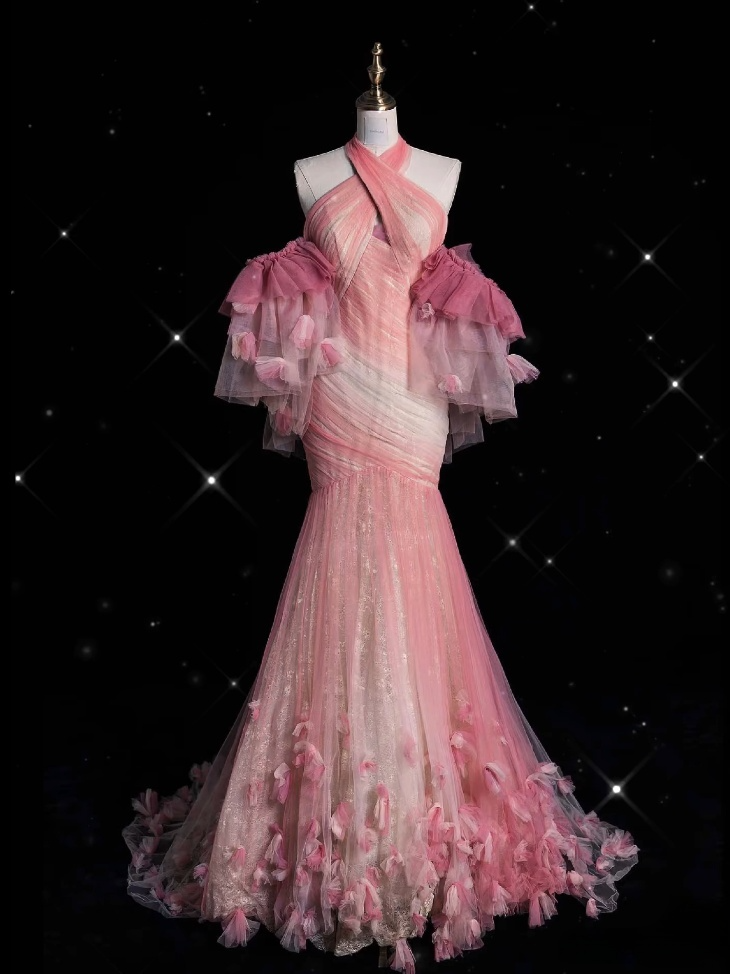 Vintage Fashion Mermaid Halter Pink Tulle Floor Length Evening Dress Prom Dresses