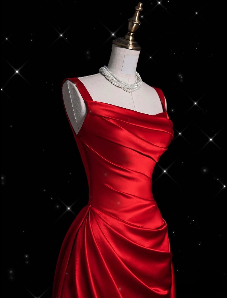 Vintage Fashion Sheath Straps Red Satin Floor Length Evening Dress Prom Dresses