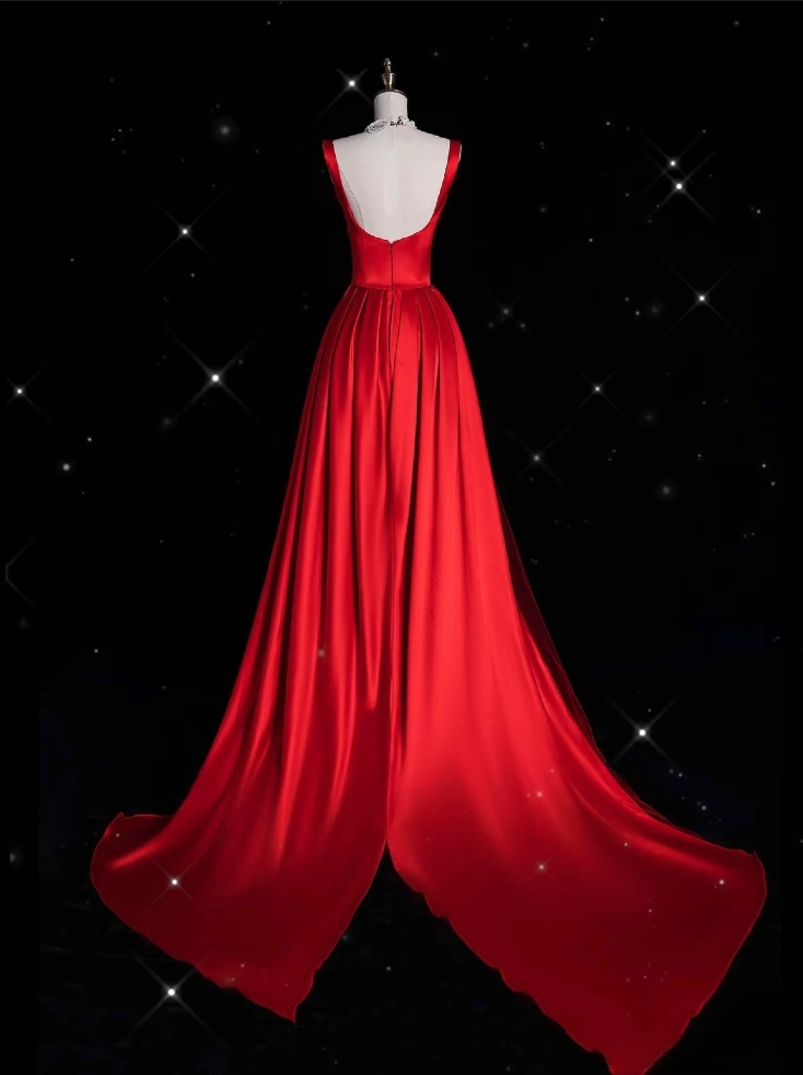 Vintage Fashion Sheath Straps Red Satin Floor Length Evening Dress Prom Dresses