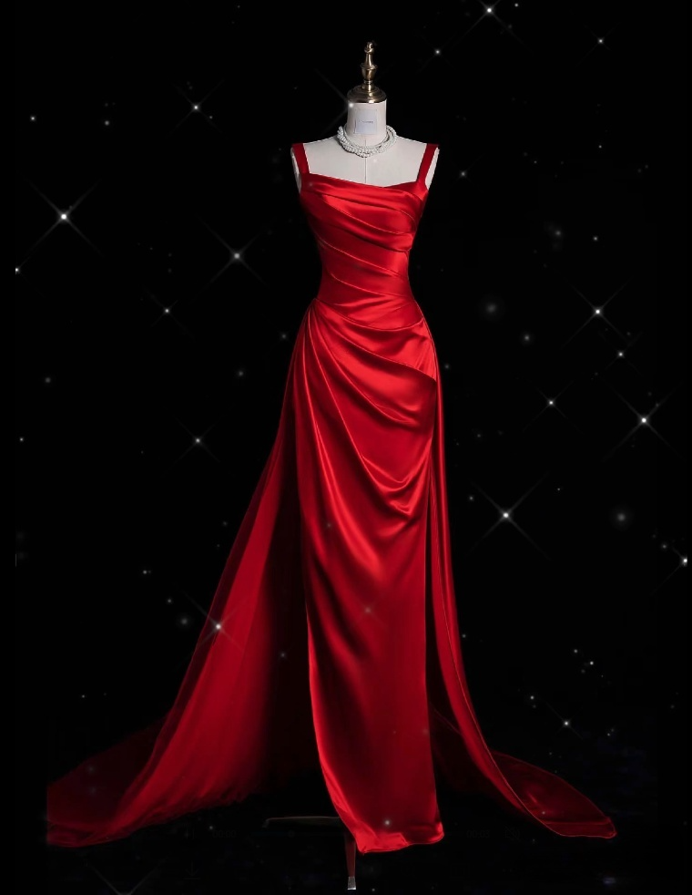 Vintage Fashion Sheath Straps Red Satin Floor Length Evening Dress Prom Dresses