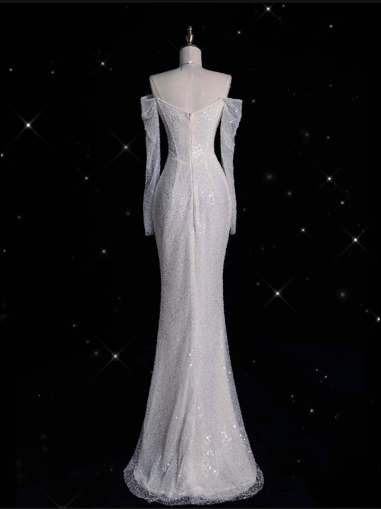 Unique Mermaid Off The Shoulder Long Sleeves Wedding Dresses Sequin Brides Dress