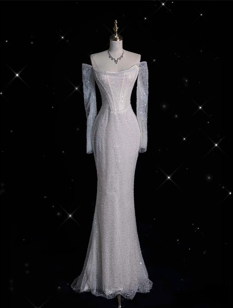 Unique Mermaid Off The Shoulder Long Sleeves Wedding Dresses Sequin Brides Dress