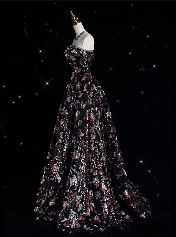 Vintage Fashion Ball Gown Strapless Black Floral Floor Length Evening Dress Prom Dresses