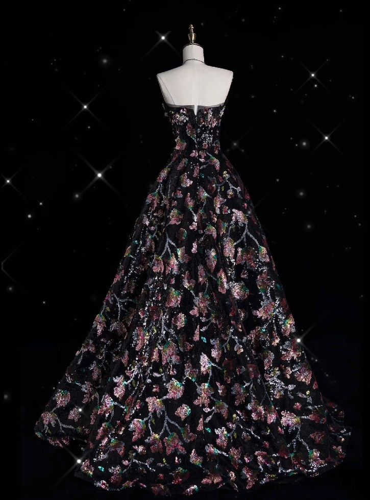 Vintage Fashion Ball Gown Strapless Black Floral Floor Length Evening Dress Prom Dresses