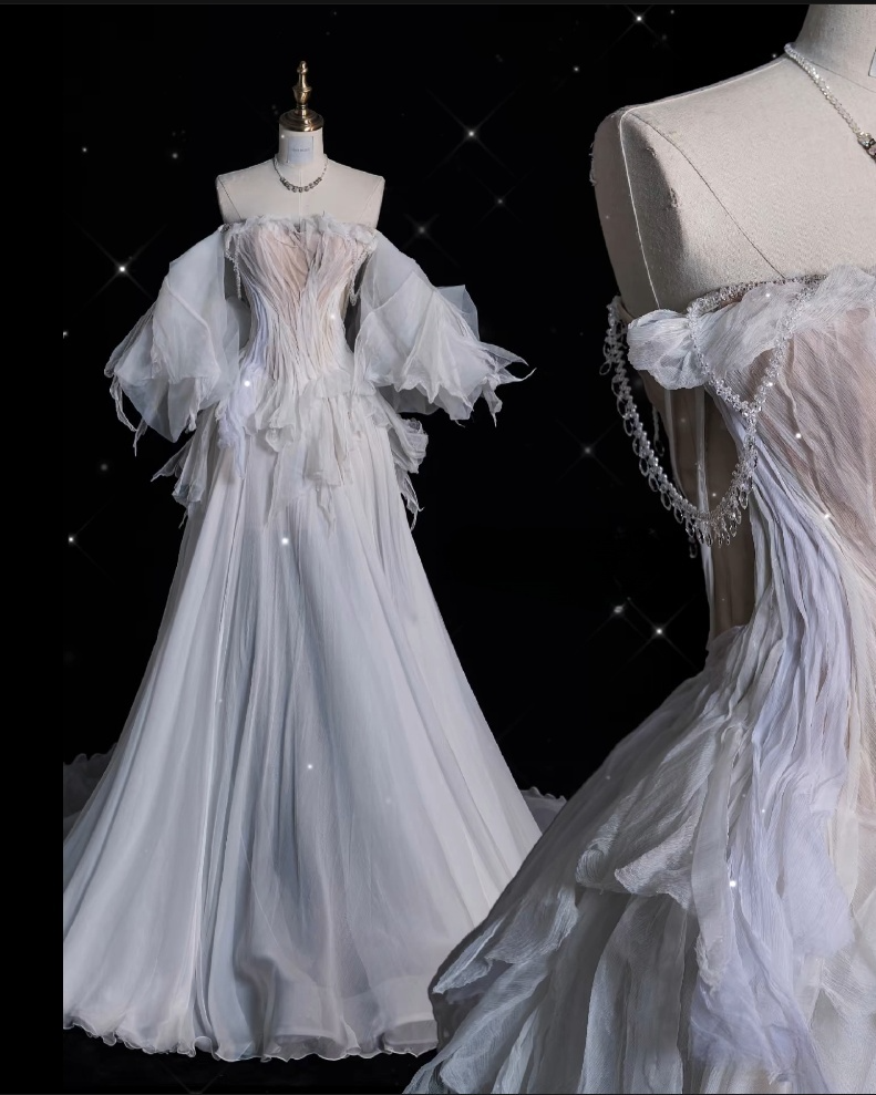 Unique Ball Gown Off The Shoulder Long Tulle White Wedding Dresses Brides Dress
