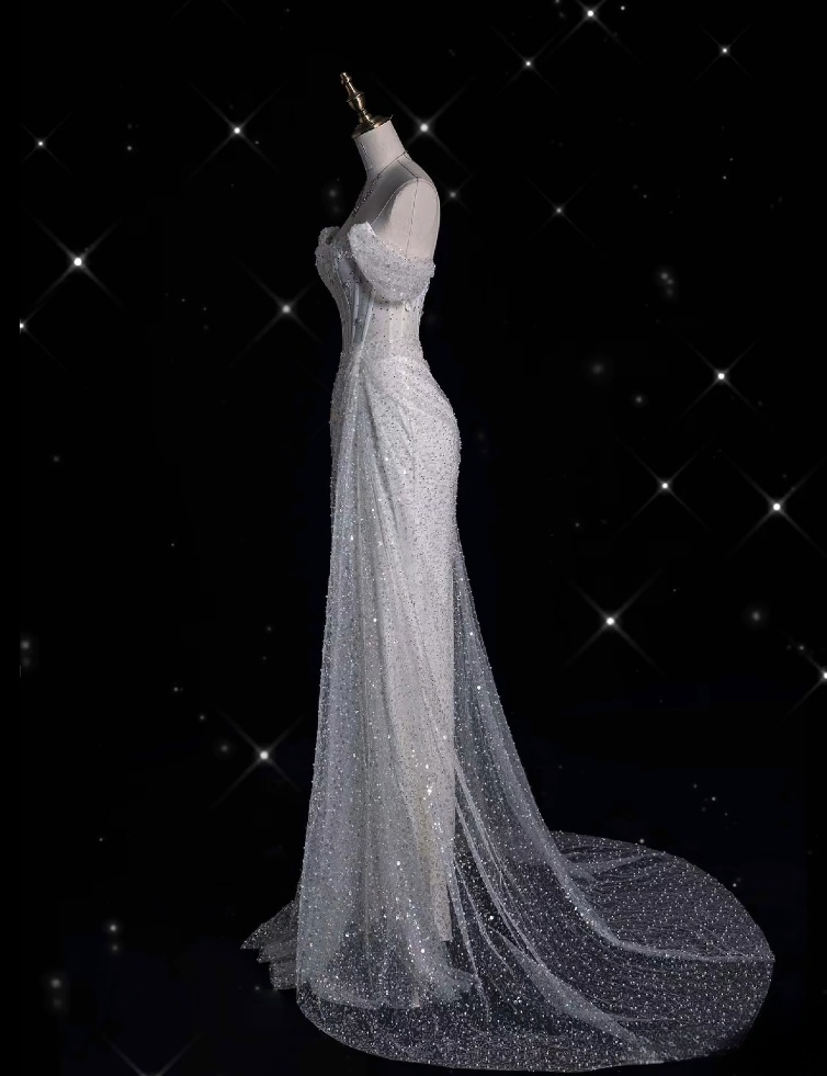 Elegant Mermaid Off The Shoulder Sequin Long White Wedding Dresses
