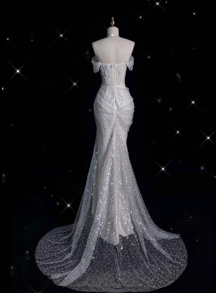 Elegant Mermaid Off The Shoulder Sequin Long White Wedding Dresses