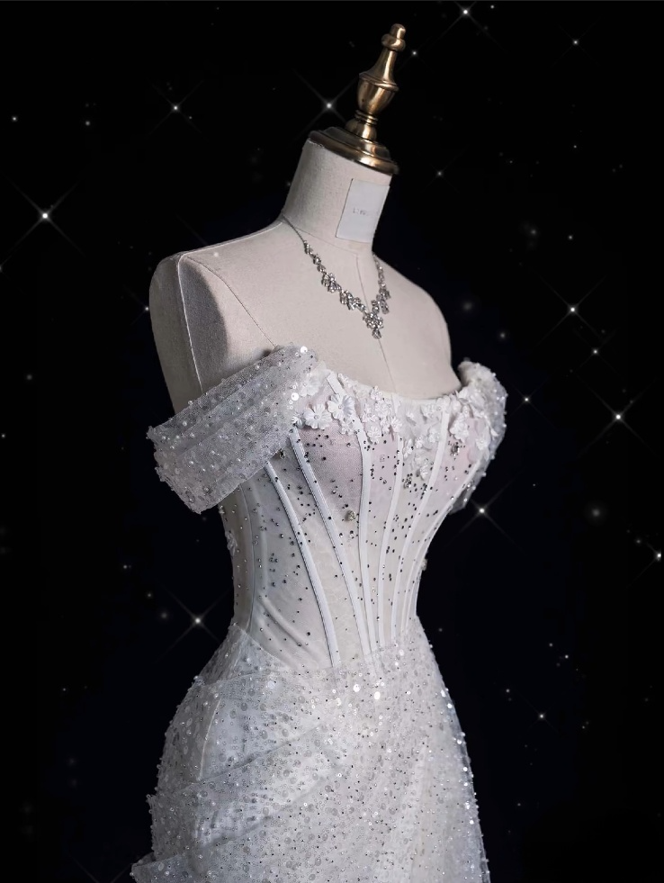 Elegant Mermaid Off The Shoulder Sequin Long White Wedding Dresses