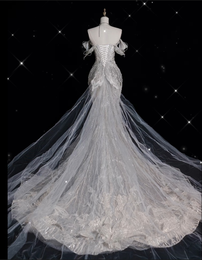 Unique Mermaid Off The Shoulder Sequin Short Sleeves White Wedding Dresses Brides Dress