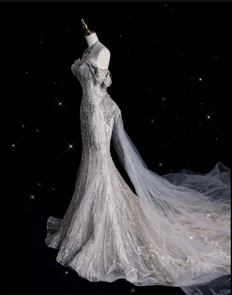 Unique Mermaid Off The Shoulder Sequin Short Sleeves White Wedding Dresses Brides Dress