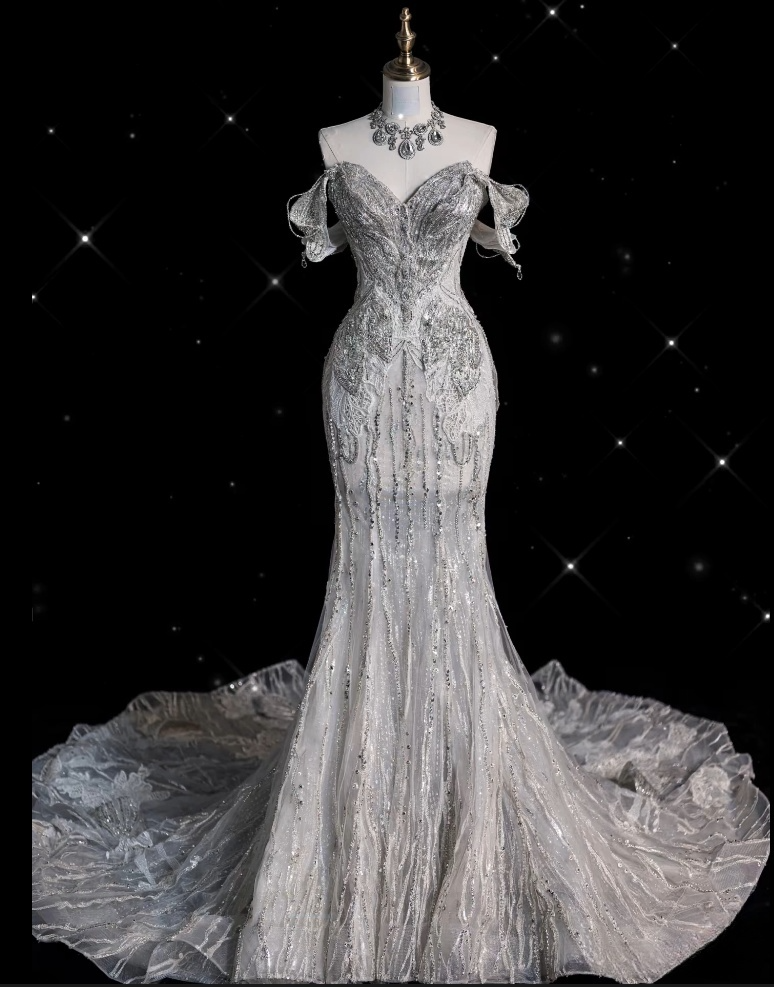 Unique Mermaid Off The Shoulder Sequin Short Sleeves White Wedding Dresses Brides Dress