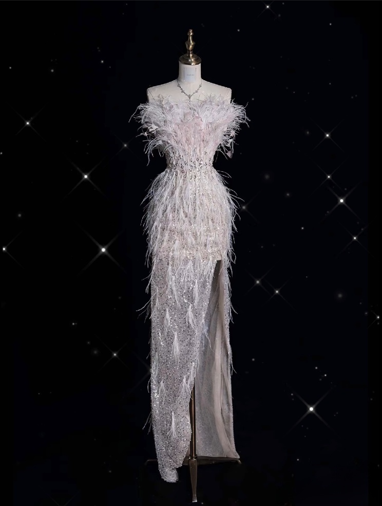 Classy Mermaid Strapless Feathers Floor Length Evening Dress Sequin Prom Dresses