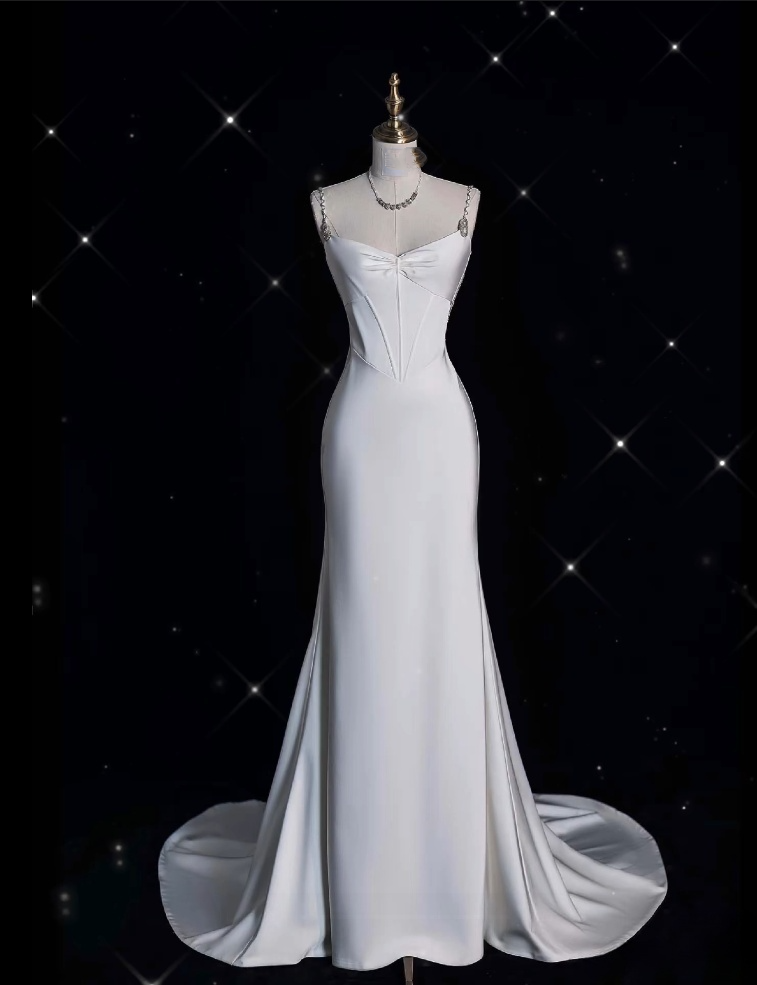 Unique Mermaid Spaghetti Straps Satin White Wedding Dresses Brides Dress